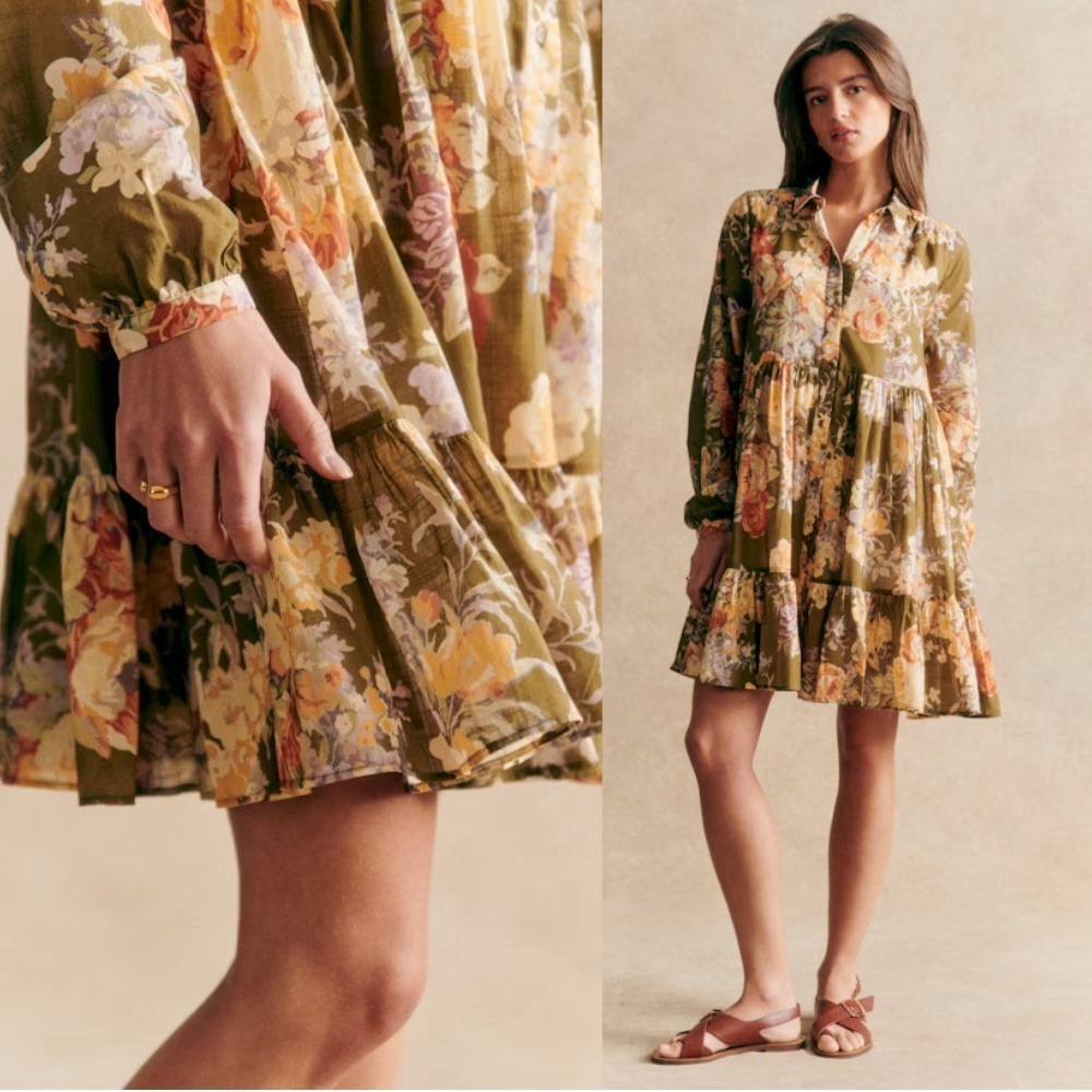 NWT Sezane Hilma Dress US 2 Floral Vert Green Cotton‎ Tiered Mini